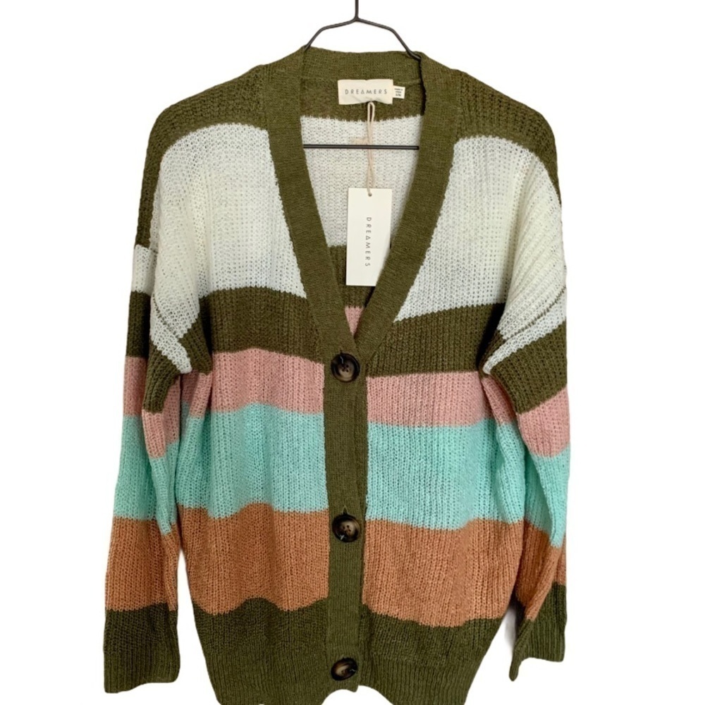 Dreamers Pink Woven Stripe Sweater V-Neck Cardigan